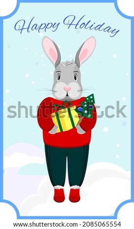
Bunny in a red sweater with a gift and a Christmas tree in his hands. Holiday card in vector with a rabbit. New year greetings
