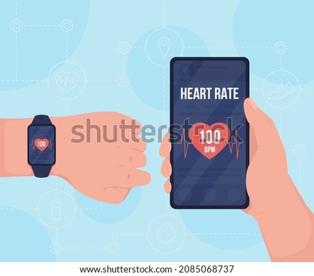 Tracking pulse with gadgets flat color vector illustration. Monitoring pulse for fitness. Looking on smartwatch and mobile phone screen 2D cartoon first view hand with abstract background