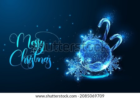 Merry Christmas digital greeting card template with snow globe, Candy canes and snowflakes
