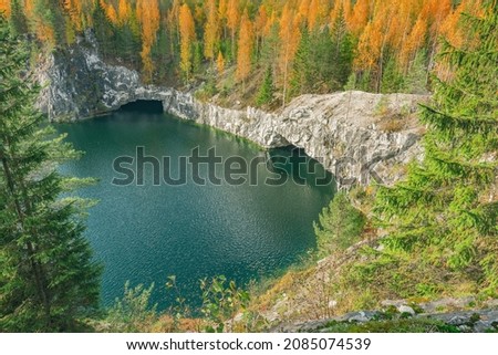 Lake in the deep marble canyon. Ruskeala Mountain Park. Republic of Karelia. Russia.