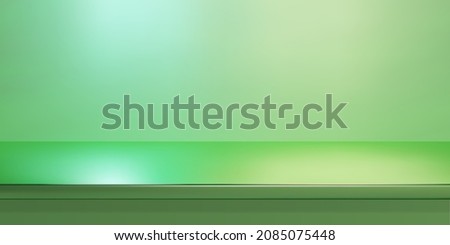 Green steel countertop, empty shelf. Vector realistic mockup of table top, kitchen counter on pastel background with spot light. Bar desk surface in foreground Royalty-Free Stock Photo #2085075448