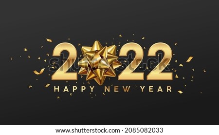 2022 Happy new year, with gold ribbon, design on black background, Eps 10 vector illustration