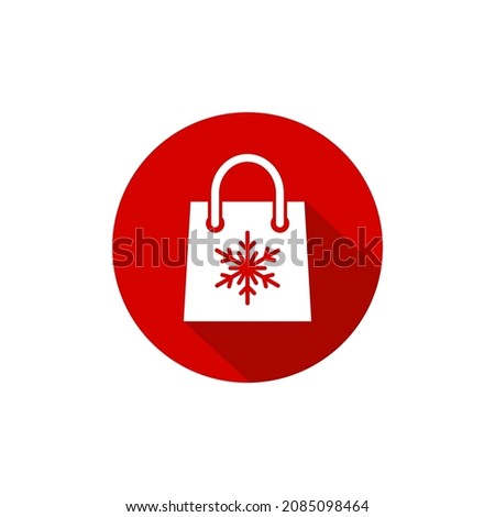 red shopping paper bag with snowflake in red circle. flat icon isolated on white.  vector illustration. Christmas present shopping symbol. New year gift. Holiday sale symbol