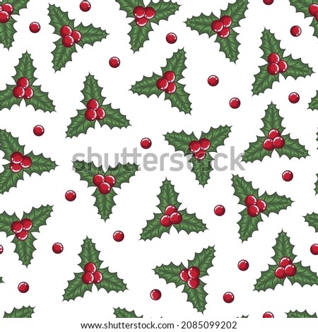 Vector hand drawn new year seamless pattern. Christmas illustration with holly, green pointed leaves and red berries. Traditional pattern Design greeting card, gift paper, wrapping paper on white back