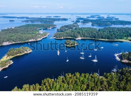 Spectacular drone view of the Swedish archipelago landscape, yachts and islands, Stockholm, Sweden Royalty-Free Stock Photo #2085119359