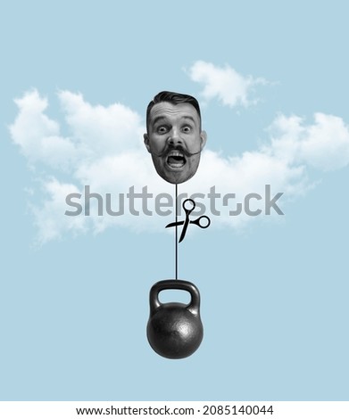 Contemporary art collage of male head lifting up into sky with weight isolated over blue background. Flight of thoughts. Concept of inspiration, creativity, development, growth. Copyspace for ad.