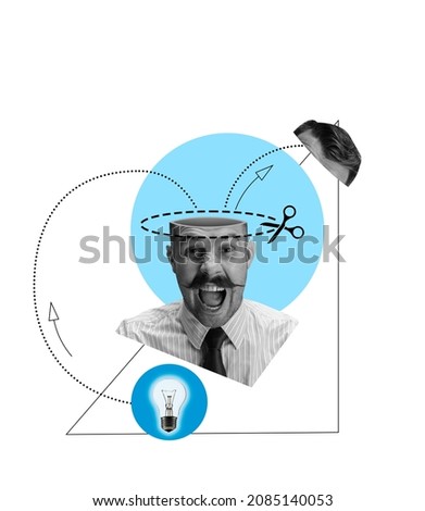 Contemporary art collage of excited man, businessman generating news brilliant ideas isolated over white background. Geometric elements. Concept of business, development, growth. Copyspace for ad.