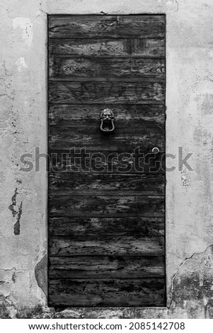 Black and white picture of a beautiful old wooden door with lion door knocker and old concrete wall