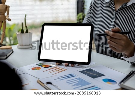Person holding a tablet and having a meeting, on a blank white background tablet screen for illustration, mockup screen for further editing can be used for a variety of tasks. copy space.