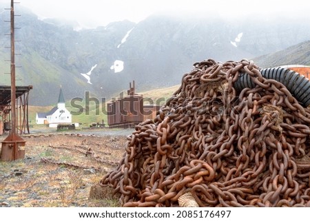 Southern Ocean, South Georgia, King Edward Cove, Grytviken, Grytviken whaling station. Picture of a pile of chains that were used to move the whale carcasses.
