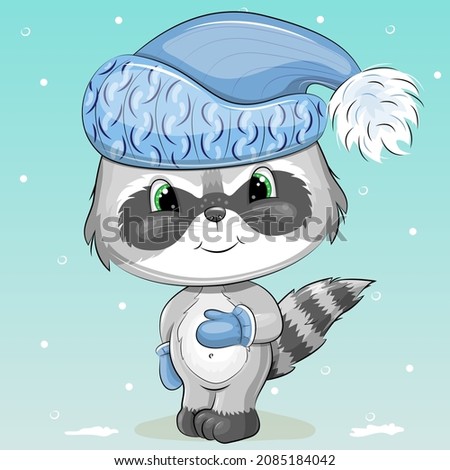 Cute cartoon raccoon wearing a blue hat and scarf. Winter vector illustration with animals and snow.