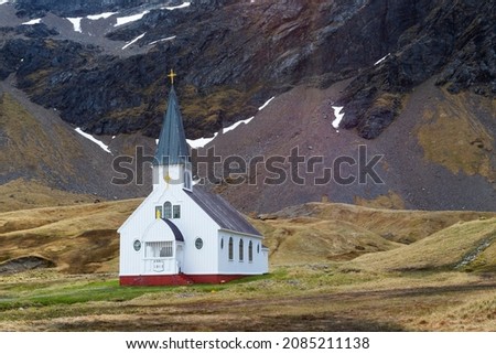 Southern Ocean, South Georgia, King Edward Cove, Grytviken, Grytviken whaling station. Picture of the church that was built for the workers at the station.