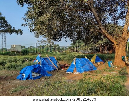 Stock photo of blue color plastic handmade temporary housing structure or shelter or tent for homeless people surrounded by green trees and grass. Picture captured at Khidrapur, Maharashtra, India.