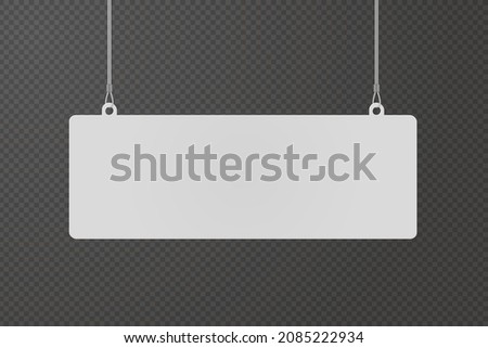 Rectangular dangler hanging from ceiling realistic mockup on transparent background. Mock up of advertising promotion pointer for supermarket sale announcement. Mall store label vector illustration