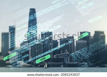 Double exposure of abstract programming language interface on San Francisco city skyscrapers background, research and development concept