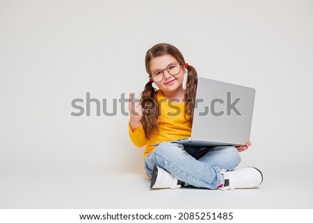 Cute Child with Laptop. Horny Little Girl With Glasses, Premium Nerdy              