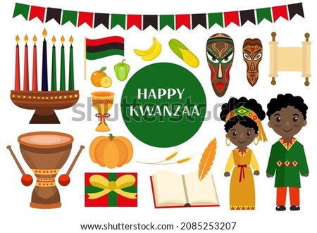 Kwanzaa icons set. African American holiday festival collection clip art hand drawing style with kinara, tribal masks, drum. Vector illustration