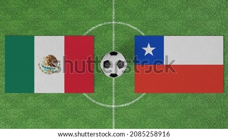 Football Match, Mexico vs Chile, Flags of countries with a soccer ball on the football field