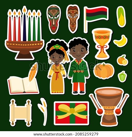 Kwanzaa stickers patches badges set. African American holiday festival collection clip art hand drawing style with kinara, tribal masks, drum. Vector illustration