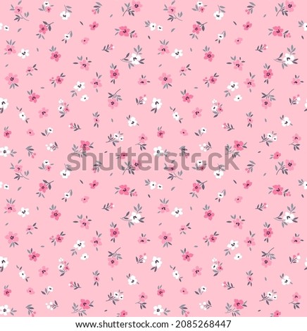 Vintage seamless floral pattern. Ditsy style background of small pastel color flowers. Small blooming flowers scattered over a pink background. Stock vector for printing on surfaces and web design.