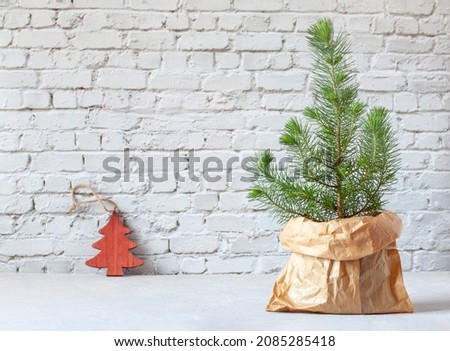 Mini Christmas tree in a paper bag on the brick wall background, zero waste