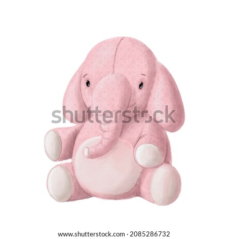 pink elephant toy, children's clipart, newborn illustration with cartoon character good for card and print design