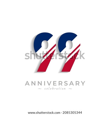 99 Year Anniversary Celebration with White Slash in Red and Blue American Flag Color. Happy Anniversary Greeting Celebrates Event Isolated on White Background