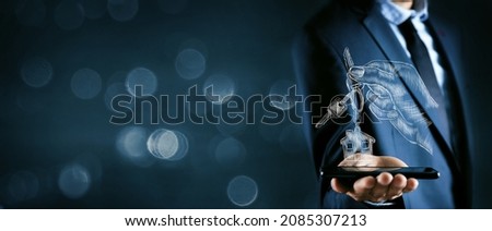 drawn hand holds house keys. businessman holding phone