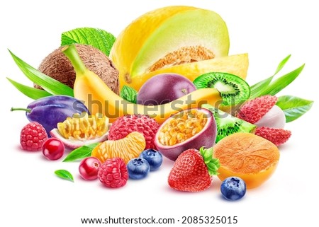 Mix of ripe fruits and berries isolated on a white background. Banana, passionfruit, persimmon, plum, coconut, melon, lychee fruit, strawberry, kiwi, citrus, raspberry, blueberry, cranberry.