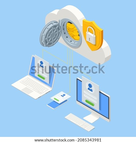 Isometric money from cloud computing, online and secure payment analysis. Blockchain technology, cryptocurrency mining, finance, digital money market, cryptocoin wallet, digital wallet application