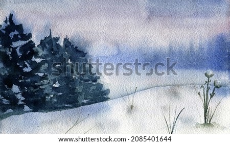 Winter snowy landscape with Christmas trees. Mountains in the background. Watercolor illustration