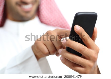 Arab saudi emirates man hand texting in a smart phone isolated on a white background          