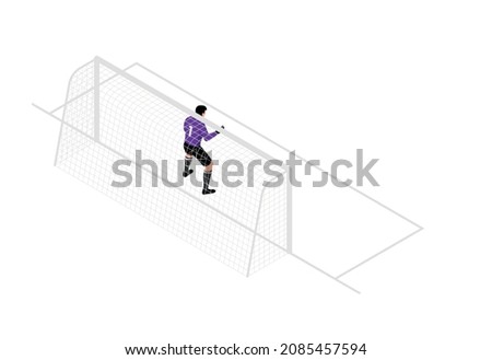 Isometric football soccer sport composition with isolated human character of goalkeeper in goal posts vector illustration