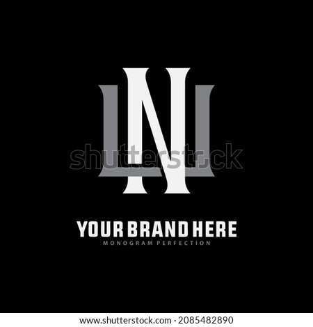 Monogram logo, Initial letters U, N, UN or NU, white and grey color on black background
