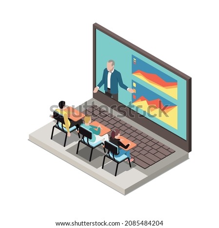 Online education isometric concept icons composition with isolated image of laptop with desks pupils and teacher on screen vector illustration