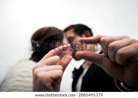 Hands,  picture of man and woman with wedding ring, groom and bride during big day,love