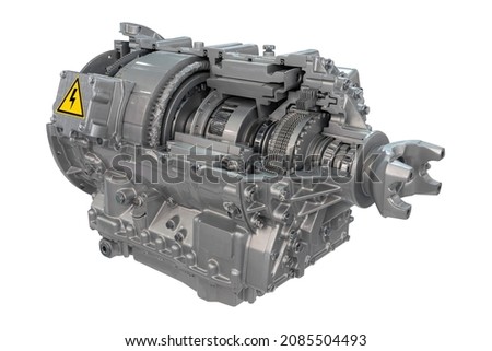 Hybrid transmission in section - vehicle propulsion system for electric buses and trucks. Isolated on white background Royalty-Free Stock Photo #2085504493