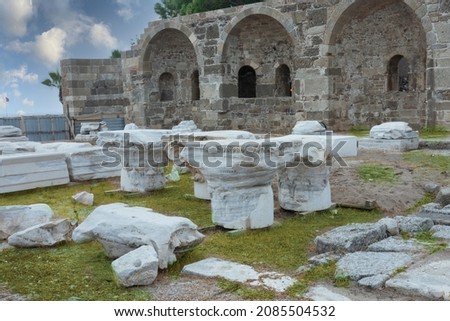 Ruins of the Ancient Temple of Athena in Side. Antalya Turkey. Cloudy weather photo. Selective Focus ruins.