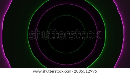 3d render with purple and green curved circles on black background