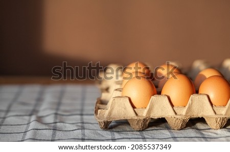 Few brown eggs among the cells of a large cardboard bag, chicken egg as a valuable nutritious product, a tray for carrying and storing fragile eggs. Not a full package of eggs, an important food item