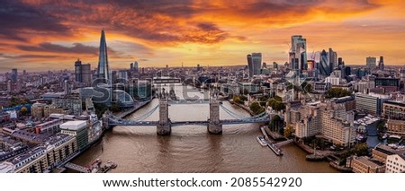 Aerial panoramic cityscape view of the London Tower Bridge and the River Thames, England, United Kingdom. Beautiful Tower bridge in London.