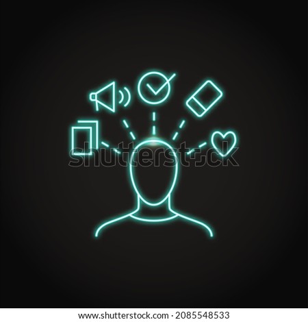 Neon distracted person icon in line style. Concentration loss symbol. Overloaded man.