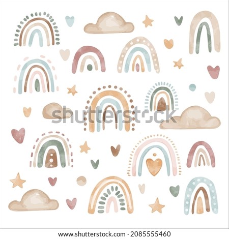 Vector watercolor set of cute boho rainbows and clouds