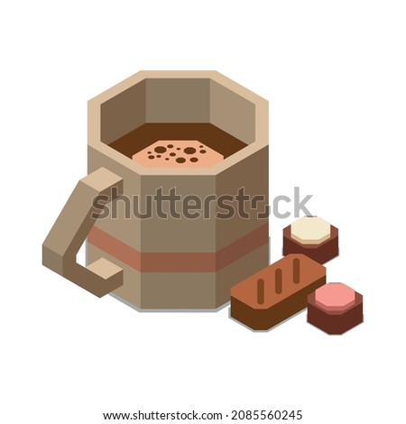 Chocolate production isometric composition with isolated image of coffee cup with few chocolate candies vector illustration