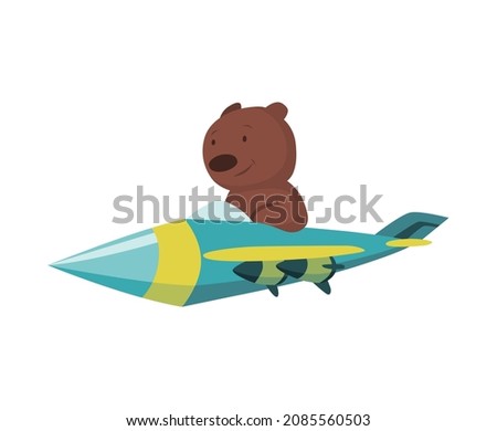 Cute baby animal bear on airplane. Funny pilot flying on plane. Cartoon  character fly on retro transport