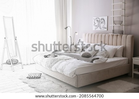 Stylish bedroom interior with modern furniture. Combination of photo and sketch Royalty-Free Stock Photo #2085564700