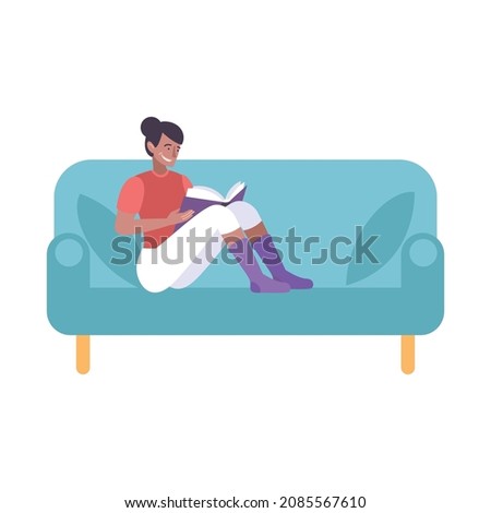 Book people composition with isolated image of sofa with sitting female character reading book vector illustration