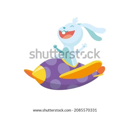 Cute baby animal rabbit on airplane. Funny and happy pilot flying on plane. Cartoon  character fly on retro transport