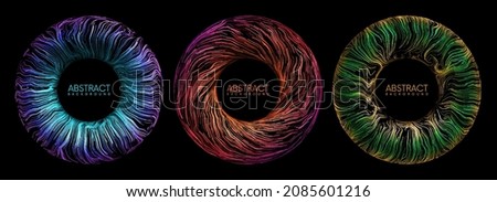 Set of colorful digital abstract eye iris with glowing waved lines and sparks on black background. Beautiful glowing futuristic circle banners. Vector illustration with place for your content Royalty-Free Stock Photo #2085601216