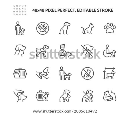 Simple Set of Service Pet Related Vector Line Icons. Contains such Icons as Emotional Support Dog, Restriction Sign, Pet Transportation Pictogram and more. Editable Stroke. 48x48 Pixel Perfect. Royalty-Free Stock Photo #2085610492